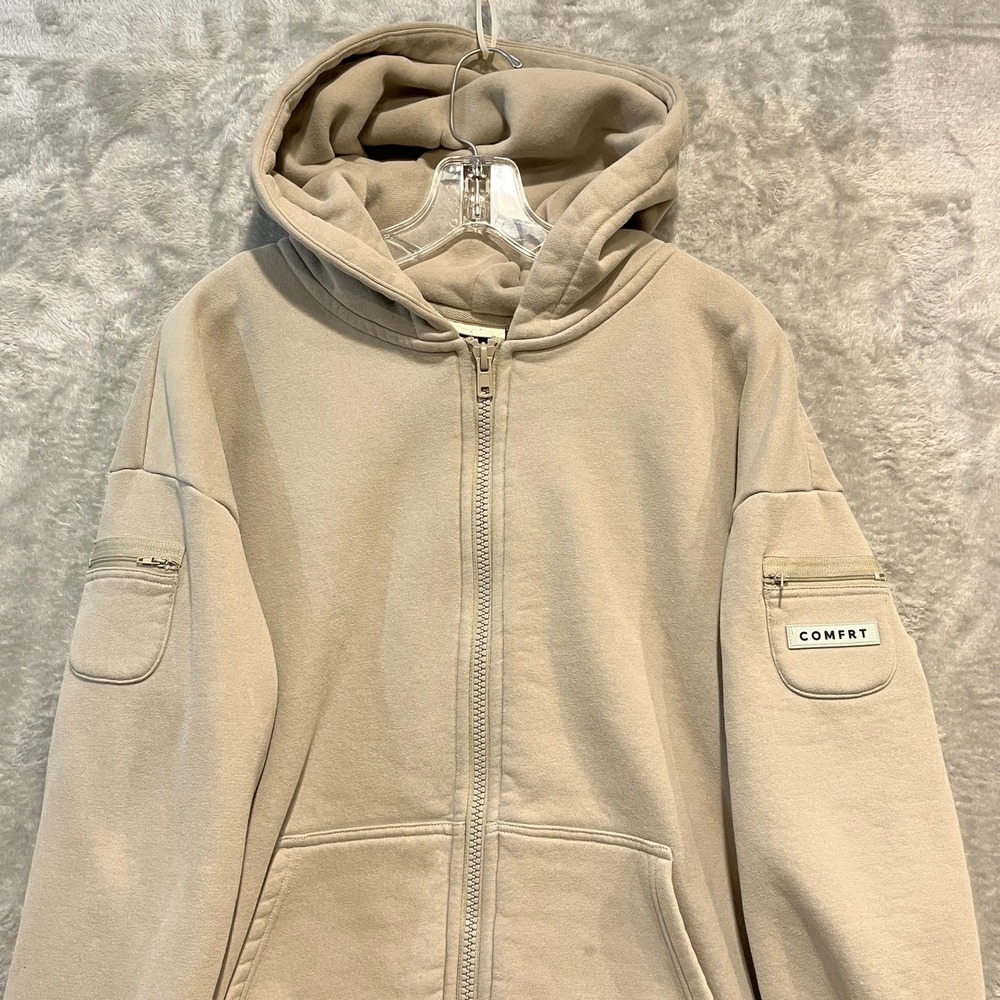 Comfrt Full Zip Hoodie Unisex Large Taupe Beige Utility Sleeve Pockets Fleece - Picture 2 of 9